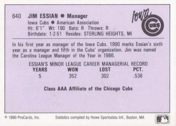 1990 ProCards AAA #640 Jim Essian Back