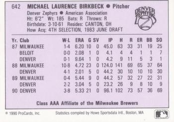 1990 ProCards AAA #642 Mike Birkbeck Back