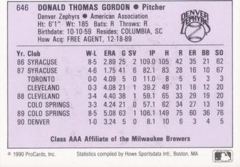 1990 ProCards AAA #646 Don Gordon Back