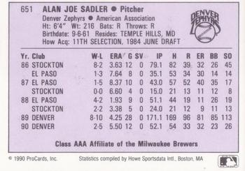 1990 ProCards AAA #651 Alan Sadler Back