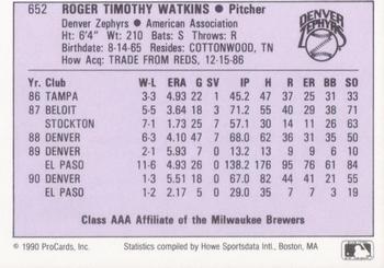 1990 ProCards AAA #652 Tim Watkins Back