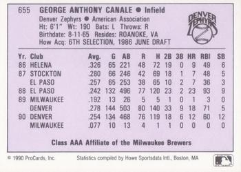 1990 ProCards AAA #655 George Canale Back