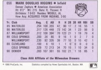 1990 ProCards AAA #656 Mark Higgins Back