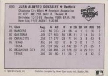1990 ProCards AAA #690 Juan Gonzalez Back