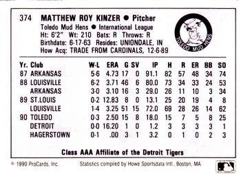 1990 ProCards AAA #374 Matt Kinzer Back