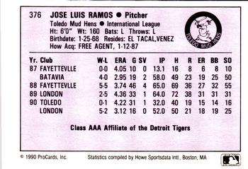 1990 ProCards AAA #376 Jose Ramos Back