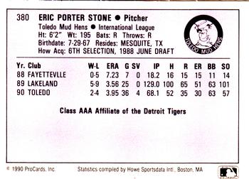 1990 ProCards AAA #380 Eric Stone Back