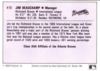 1990 ProCards AAA #419 Jim Beauchamp Back