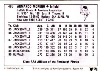 1990 ProCards AAA #496 Armando Moreno Back