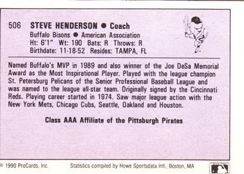 1990 ProCards AAA #506 Steve Henderson Back
