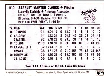 1990 ProCards AAA #510 Stan Clarke Back