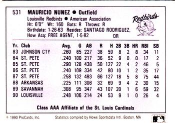 1990 ProCards AAA #531 Mauricio Nunez Back
