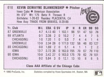 1990 ProCards AAA #618 Kevin Blankenship Back