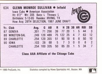 1990 ProCards AAA #634 Glenn Sullivan Back