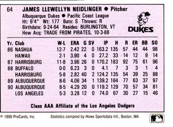 1990 ProCards AAA #64 Jim Neidlinger Back