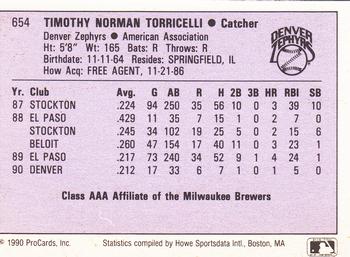 1990 ProCards AAA #654 Tim Torricelli Back