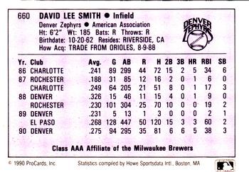 1990 ProCards AAA #660 D.L. Smith Back