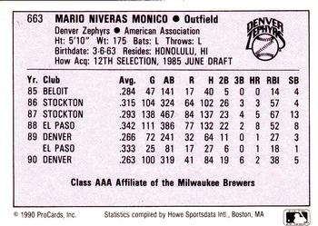 1990 ProCards AAA #663 Mario Monico Back
