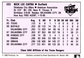 1990 ProCards AAA #689 Nick Capra Back