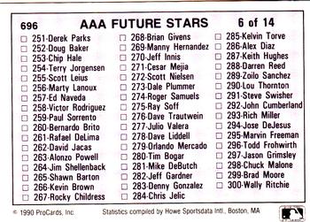 1990 ProCards AAA #696 Checklist: 201-300 Back