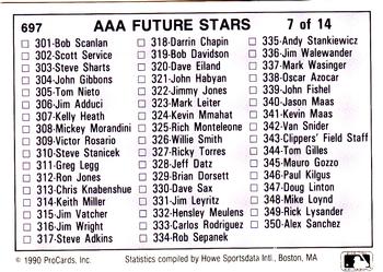 1990 ProCards AAA #697 Checklist: 301-400 Front