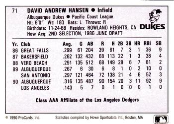 1990 ProCards AAA #71 Dave Hansen Back
