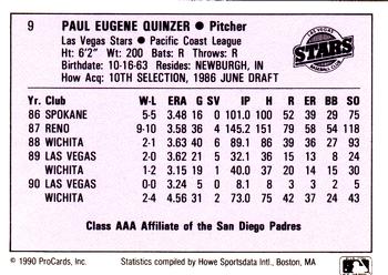 1990 ProCards AAA #9 Paul Quinzer Back