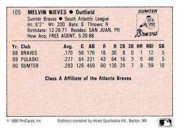 1990 ProCards A and AA #105 Melvin Nieves Back