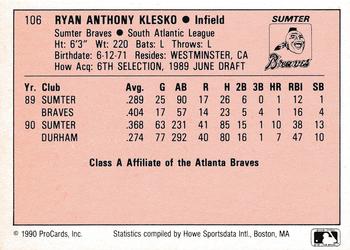 1990 ProCards A and AA #106 Ryan Klesko Back