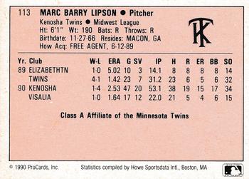 1990 ProCards A and AA #113 Marc Lipson Back
