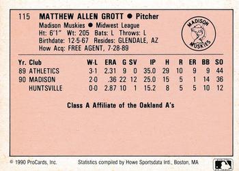 1990 ProCards A and AA #115 Matt Grott Back