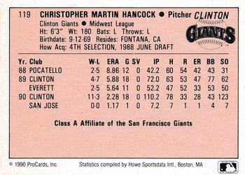 1990 ProCards A and AA #119 Chris Hancock Back