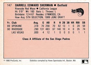 1990 ProCards A and AA #147 Darrell Sherman Back