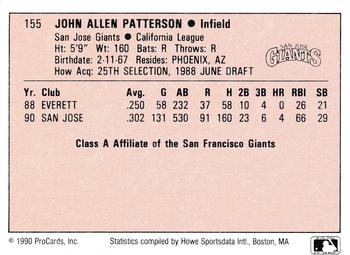 1990 ProCards A and AA #155 John Patterson Back