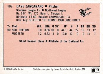 1990 ProCards A and AA #162 Dave Zancanaro Back