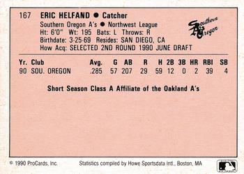 1990 ProCards A and AA #167 Eric Helfand Back