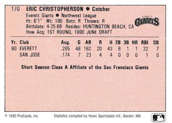 1990 ProCards A and AA #170 Eric Christopherson Back