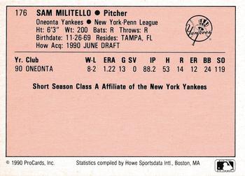 1990 ProCards A and AA #176 Sam Militello Back