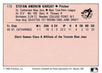 1990 ProCards A and AA #179 Steve Karsay Back