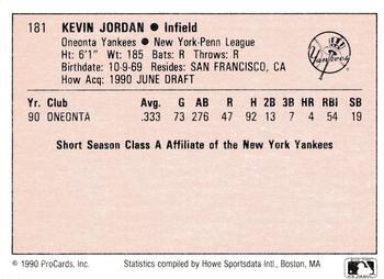 1990 ProCards A and AA #181 Kevin Jordan Back