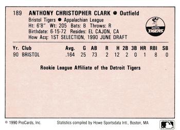1990 ProCards A and AA #189 Tony Clark Back