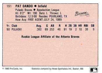 1990 ProCards A and AA #191 Pat Dando Back
