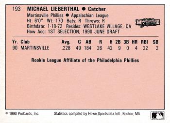 1990 ProCards A and AA #193 Mike Lieberthal Back