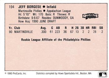 1990 ProCards A and AA #194 Jeff Borgese Back