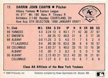 1990 ProCards A and AA #19 Darrin Chapin Back