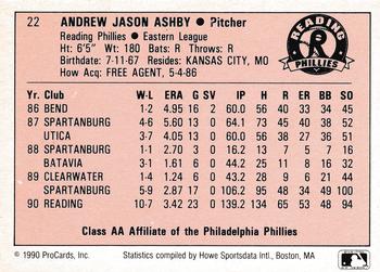 1990 ProCards A and AA #22 Andy Ashby Back