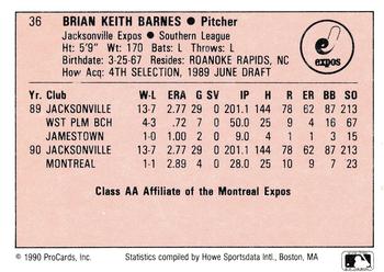1990 ProCards A and AA #36 Brian Barnes Back