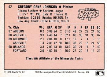 1990 ProCards A and AA #42 Greg Johnson Back