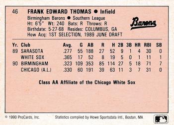 1990 ProCards A and AA #46 Frank Thomas Back