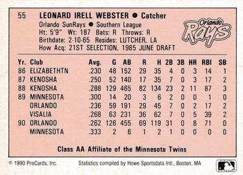 1990 ProCards A and AA #55 Lenny Webster Back